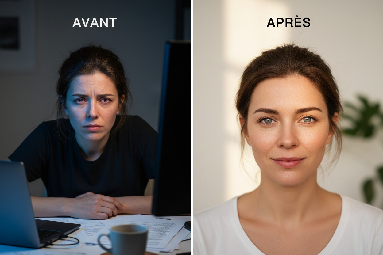 Avant après utilisation Revira CalmEyes - femme yeux fatigués vs yeux reposés
