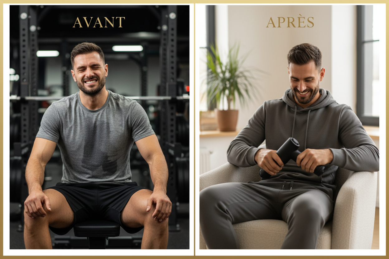 Avant après utilisation Pistolet REVIRA - homme courbaturé vs détendu après sport