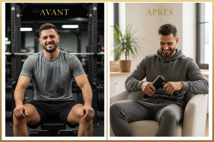 Avant après utilisation Pistolet REVIRA - homme courbaturé vs détendu après sport