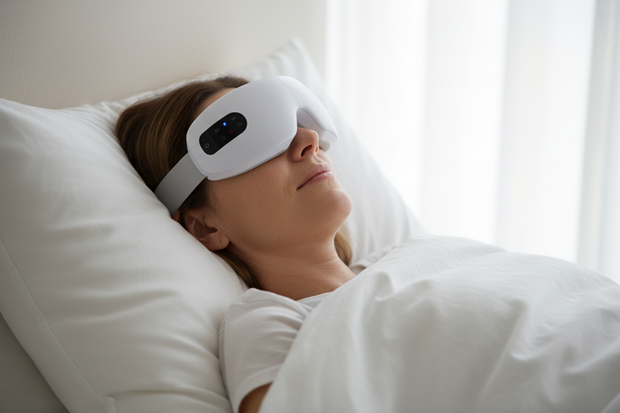 Femme portant le CalmEyes™ au lit le matin, lumière naturelle