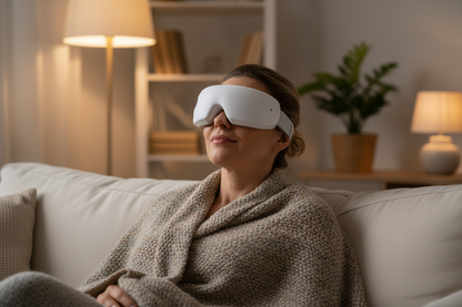 Femme portant le CalmEyes™ sur le canapé le soir, ambiance cosy