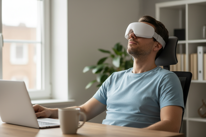 Homme portant le CalmEyes™ au bureau après le travail