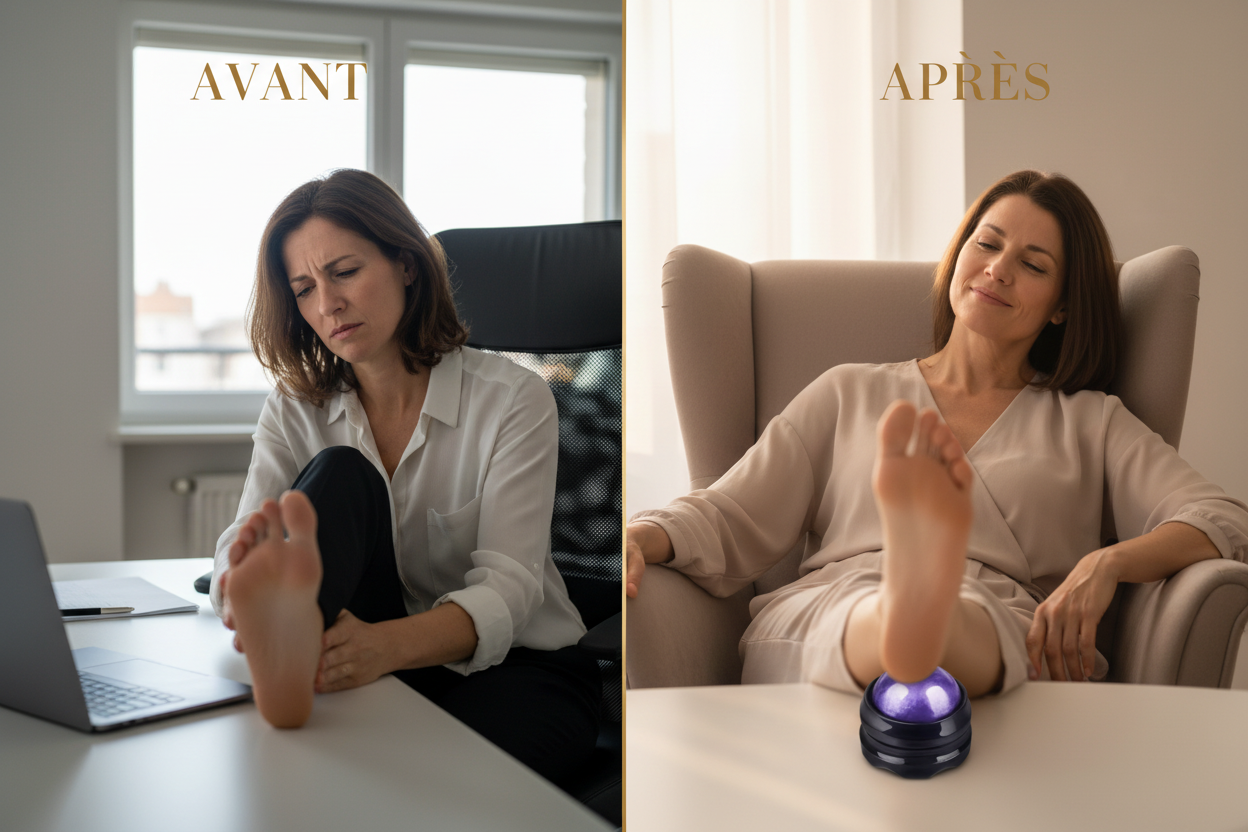 Avant après utilisation Boule de Massage REVIRA - pied fatigué vs soulagement immédiat