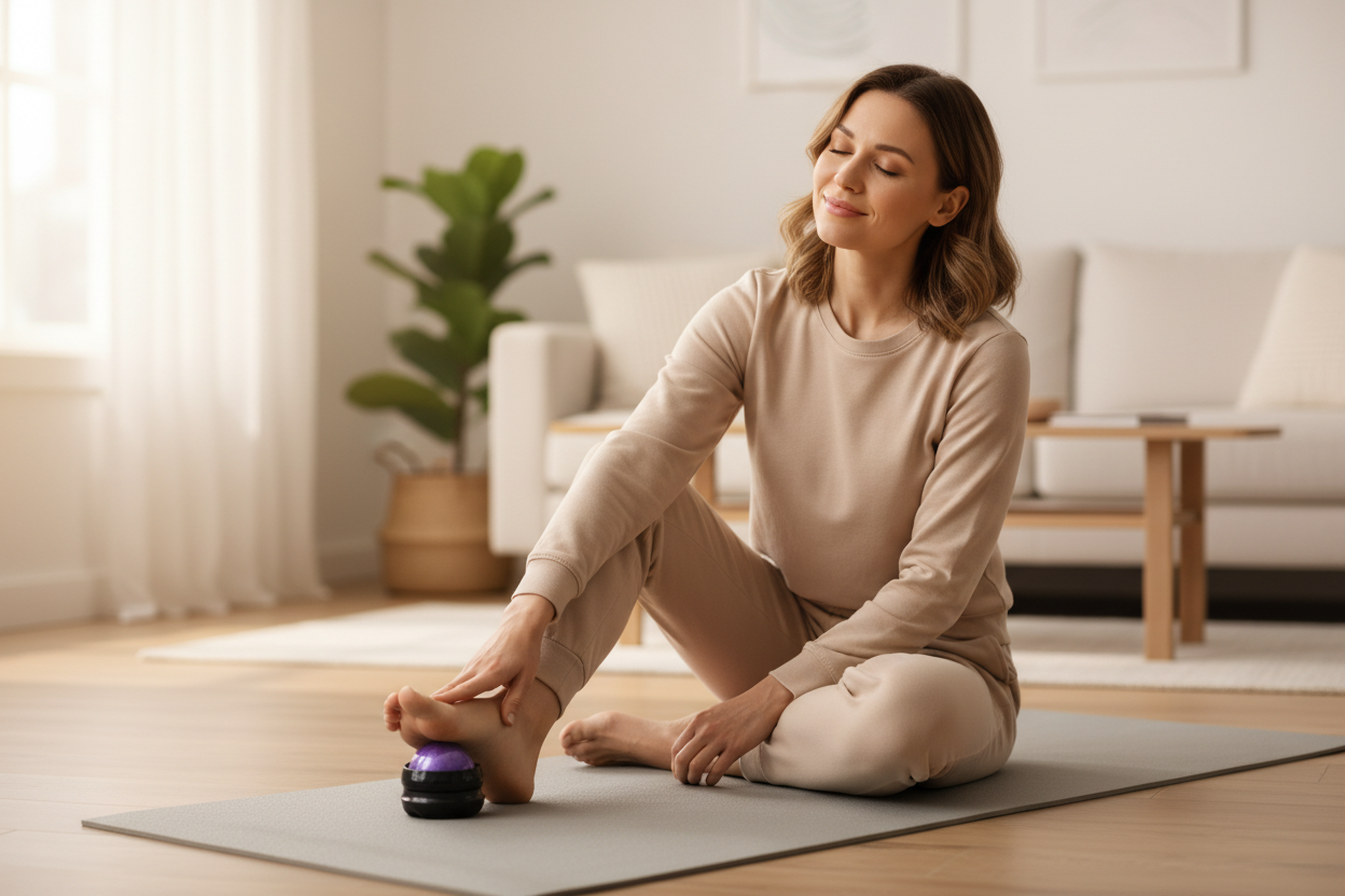 Femme utilisant la boule de massage REVIRA bleue sous le pied sur tapis de yoga