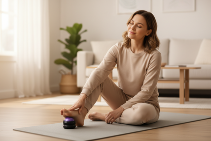 Femme utilisant la boule de massage REVIRA bleue sous le pied sur tapis de yoga