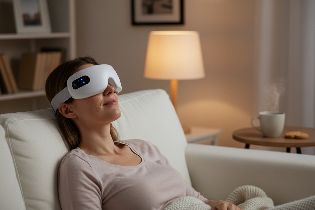Femme portant le CalmEyes™ sur le canapé le soir, ambiance cosy
