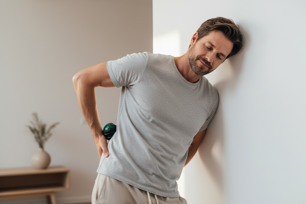 Homme appuyé contre un mur utilisant la boule de massage REVIRA verte dans le bas du dos