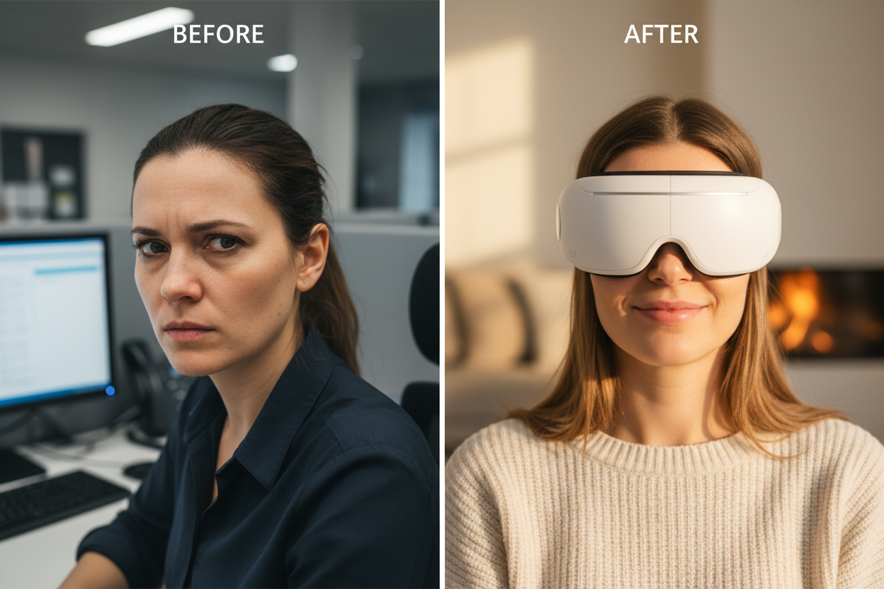 Avant après – fatigue et cernes vs repos et éclat avec le CalmEyes™